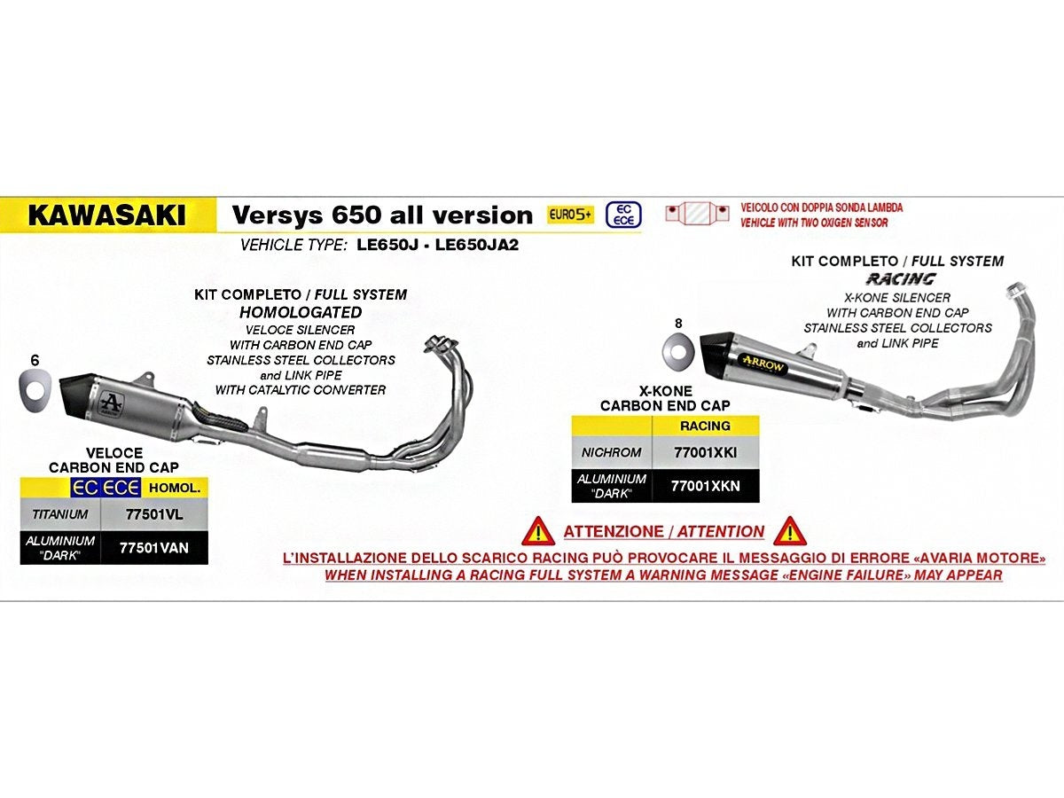 ARROW X-KONE STAINLESS STEEL RACING EXHAUST SYSTEM KAWASAKI VERSYS 650 2025-2026